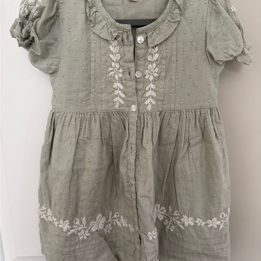 Girls' Embroidered Puff-Sleeve Casual Dress - Sage Green